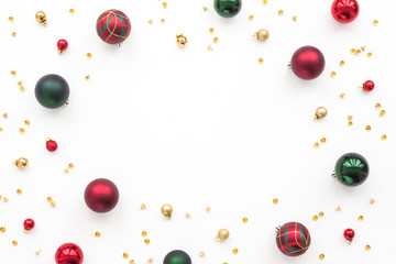 Christmas decoration on white background, top view, flat lay