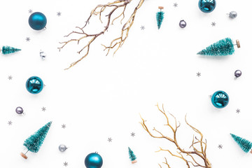 Christmas decoration on white background, top view, flat lay