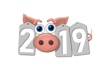 Happy New Year background. Pink pig, silver sale tags. 2019 flat numbers. Piggy snout. Chinese design decoration, celebration card, Christmas discount. Cartoon piglet nose. Vector Illustration