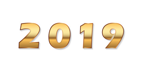 Happy New Year background. Gold 3D number 2019 isolated on white. Bright golden design for greeting card, Christmas banner, holiday celebration, decoration poster, calendar. Vector illustration