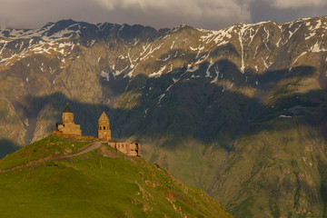 Cminda Sameba (Tsminda Sameba) 14th century Holy Trinity Church near Kazbek, Caucasus Mountains. Georgia