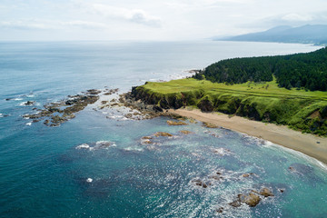 Aerial drone photo of cape Velikan (near by cape Ptichiy), Sakhalin island, Russia (Sahalin)....