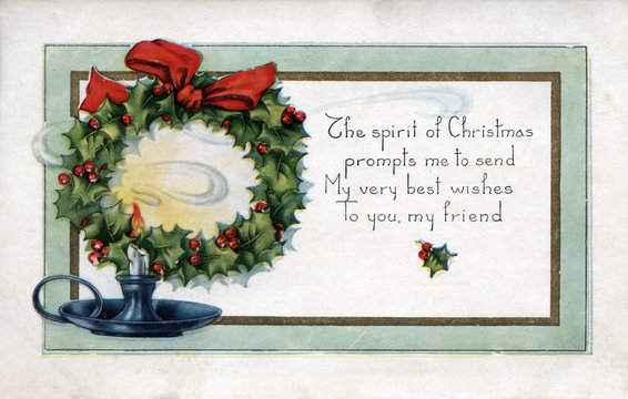 Candle And Holly Wreath Poem Vintage Illustration Christmas Postcard