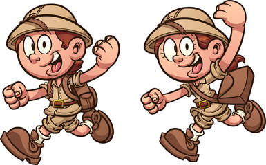 Cartoon kids running with safari costumes. Vector clip art illustration with simple gradients. Each on a separate layer. © Memoangeles