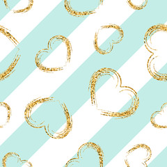 Gold heart seamless pattern. White-blue geometric stripes, golden grunge confetti-hearts. Symbol of love, Valentine day holiday. Design wallpaper, background, fabric texture. Vector illustration