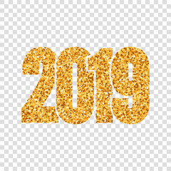 Happy New Year shiny gold number 2019. Golden glitter digits isolated white transparent background. Shiny design, light sparkle for Christmas celebration, greeting card, poster. Vector illustration