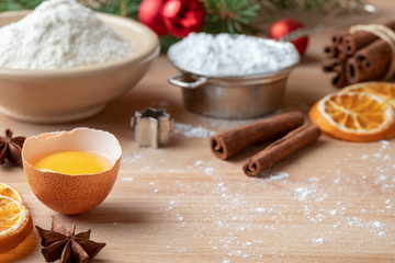 Ingredients for Christmas baking with copy space