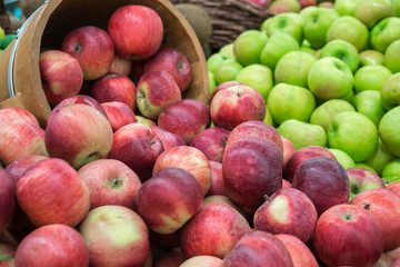 verious apples in Market stall. healthy food