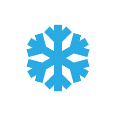 Snowflake icon. Blue silhouette snow flake sign, isolated on white background. Flat design. Symbol of winter, frozen, Christmas, New Year holiday. Graphic element decoration. Vector illustration