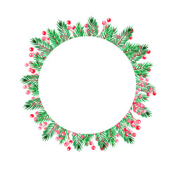 Christmas frame with green pain branches and red berries