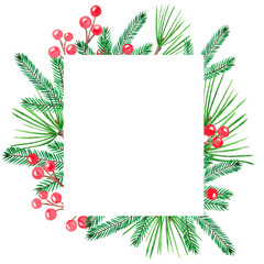 Christmas frame with green pain branches and red berries
