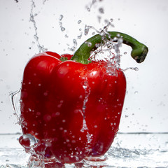 Paprika Splash in Water on white background,sweet pepper drop in the water