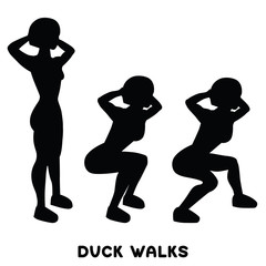 Duck walks. Squat. Sport exersice. Silhouettes of woman doing exercise. Workout, training.