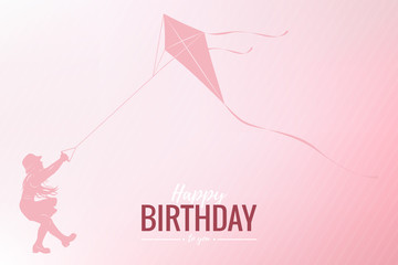 Happy Birthday greeting or invitation card with little girl plaed with kite - obrazy, fototapety, plakaty