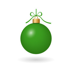Christmas tree ball with ribbon bow. Green bauble decoration, isolated on white background. Symbol of Happy New Year, Xmas holiday celebration, winter. Flat design for card. Vector illustration