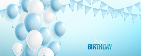 Happy Birthday greeting or invitation card with blue and white balloons and flags