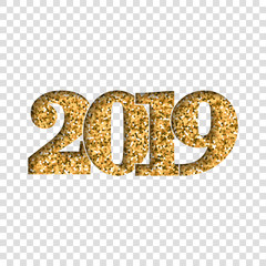 Happy New Year shiny gold number 2019. Golden glitter digits isolated white transparent background. Shiny design, light sparkle for Christmas celebration, greeting card, poster. Vector illustration