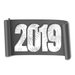 Happy new year card. White number 2019, silver firework. 3D scroll isolated white background. Gray ribbon handscroll. Curved frame ribbon border Design decoration. Christmas banner Vector illustration