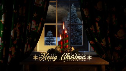 merry christmas with ornaments candles curtains in the window and outside conifers and snowing far view