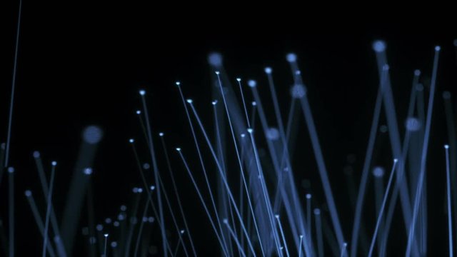 Abstract technology background. Optical fibers animation of distribution of the light signal from a diode towards a bunch. Used for high speed internet connection