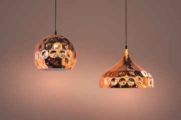 Modern streamlined mirror copper chandelier. Bubble metal copper shade pendant