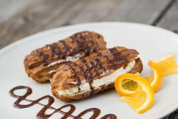 Chocolate eclairs closeup