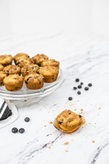 homemade blueberry muffins on cake pedestal on white and gray marble countertop; one isolated in front