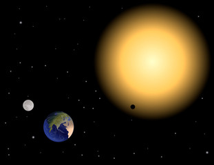 Our planet in the space. The Earth> the Sun and the Moon in the darkness of  space