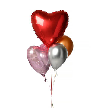 Bunch of metallic red pink heart balloons composition objects for birthday or valentines party isolated on a white 