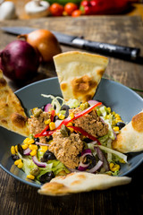 Closeup of tuna salad in bowl. 