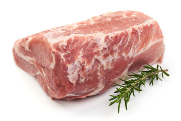 Raw pork neck boneless with rosemary, isolated on white background. Close-up