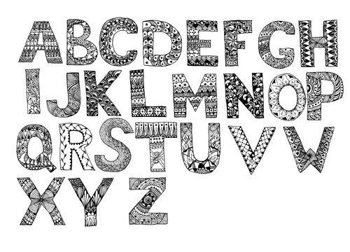 Hand drawn artistic letters set. Handdrawn doodle alphabet. Unique zentangle letters collection.