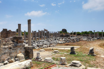 Ruins of agora, ancient city in Side in a beautiful summer day, Antalya, Turkey