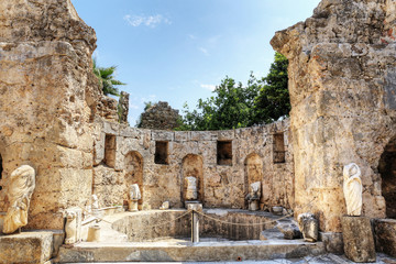 Ruins of agora, ancient city in Side in a beautiful summer day, Antalya, Turkey