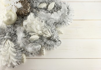 Christmas decoration - silver balls, cones, feathers, garland and pendants with feather,  white...