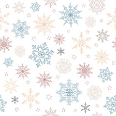 Vector seamless pattern of pastel snowflakes and stars on a white isolated background. Thin delicate lines silhouettes of different snow elements. New year illustration ornament.