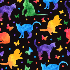 Cotton fabric Colorful watercolor seamless pattern with cute cats and butterflies isolated on black background. vector eps10.