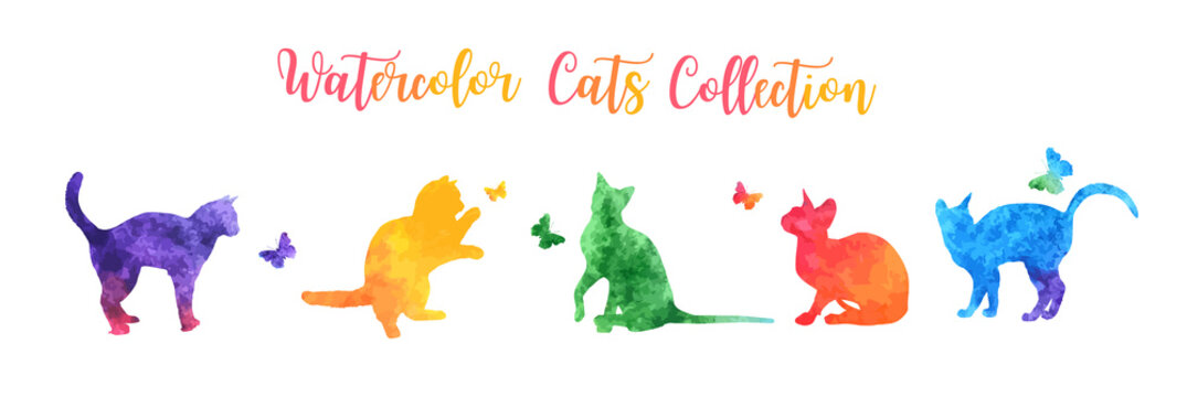 Cute Colorful Watercolor Cat Silhouettes Playing With Butterflies. Vector Illustration.