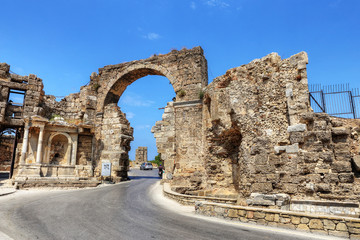 Ruins of agora, ancient city in Side in a beautiful summer day, Antalya, Turkey