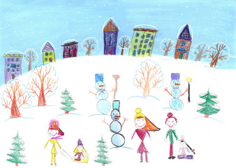 Watercolor children drawing winter sleigh ride