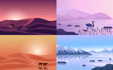 Vector banners set with polygonal landscape illustration - flat design. Mountains, lake desert.
