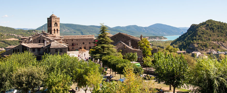 Panorama of the skyline of the ancient  town of Ainsa in the Spanish Pyrenees