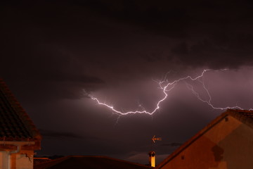 Horizontal lightning over the house roof