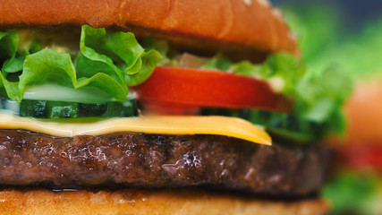 Macro detailed view of juicy beef burger layers. Cutlet, onion, vegetables, melted cheese, lettuce, sauce and topped sesame seeds. Hamburger. Junk fast food concept