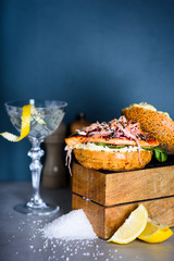 Nordic style Salmon burger.Mediterranean cuisine