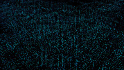 Abstract digital hologram 3D illustration of city with futuristic matrix. Digital buildings with binary code particles network.