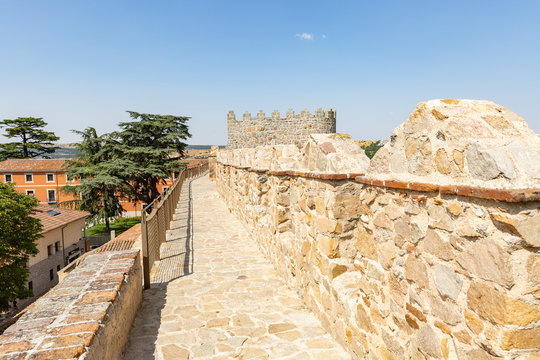 walkway on top of the medieval city wall (battlement) of Avila city, Spain