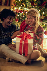 Cheerful male and female exchanging Christmas presents .