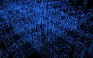 3D Rendering Digital Cyber City Particles HUD Background