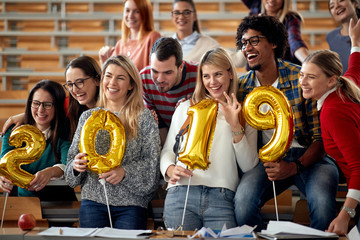 happy students having party on university.
